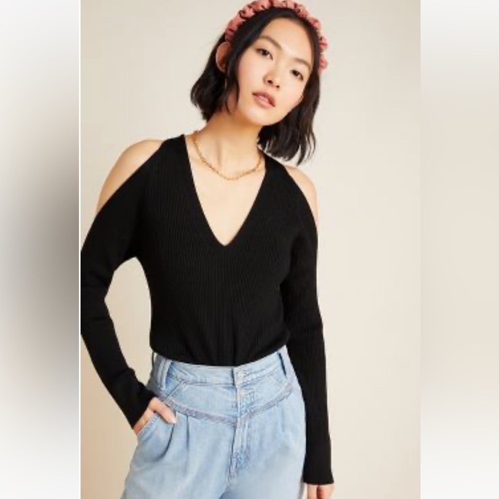 Anthropologie Fontaine Open Shoulder Black Sweater